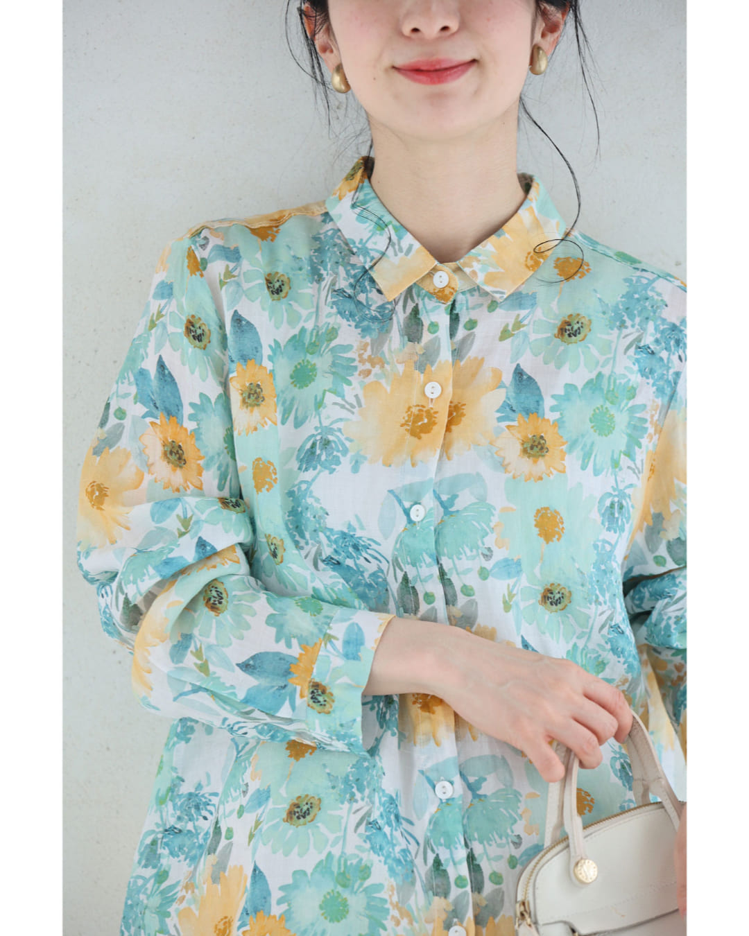 カワイイ CAWAII 涼しく柔らかな花の水彩画シャツトップス （グリーン） グリーン