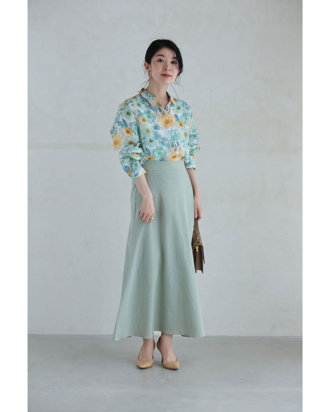 カワイイ CAWAII 涼しく柔らかな花の水彩画シャツトップス （グリーン） グリーン