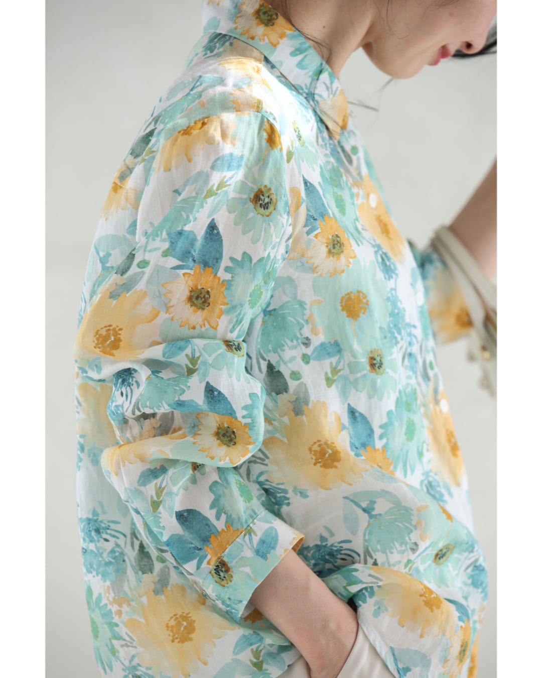 カワイイ CAWAII 涼しく柔らかな花の水彩画シャツトップス （グリーン） グリーン