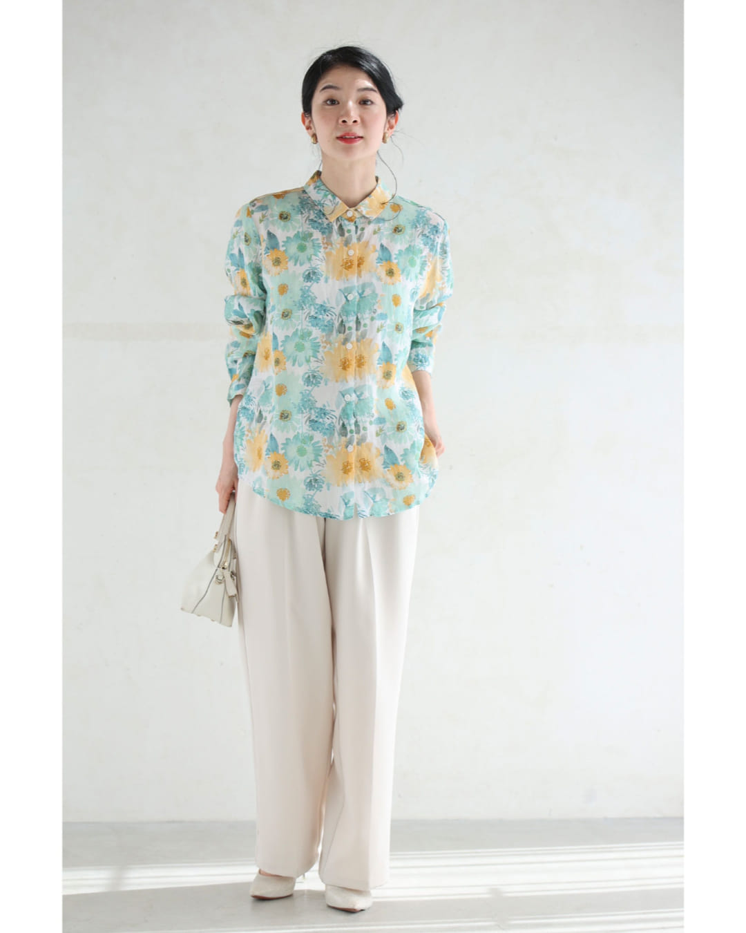 カワイイ CAWAII 涼しく柔らかな花の水彩画シャツトップス （グリーン） グリーン