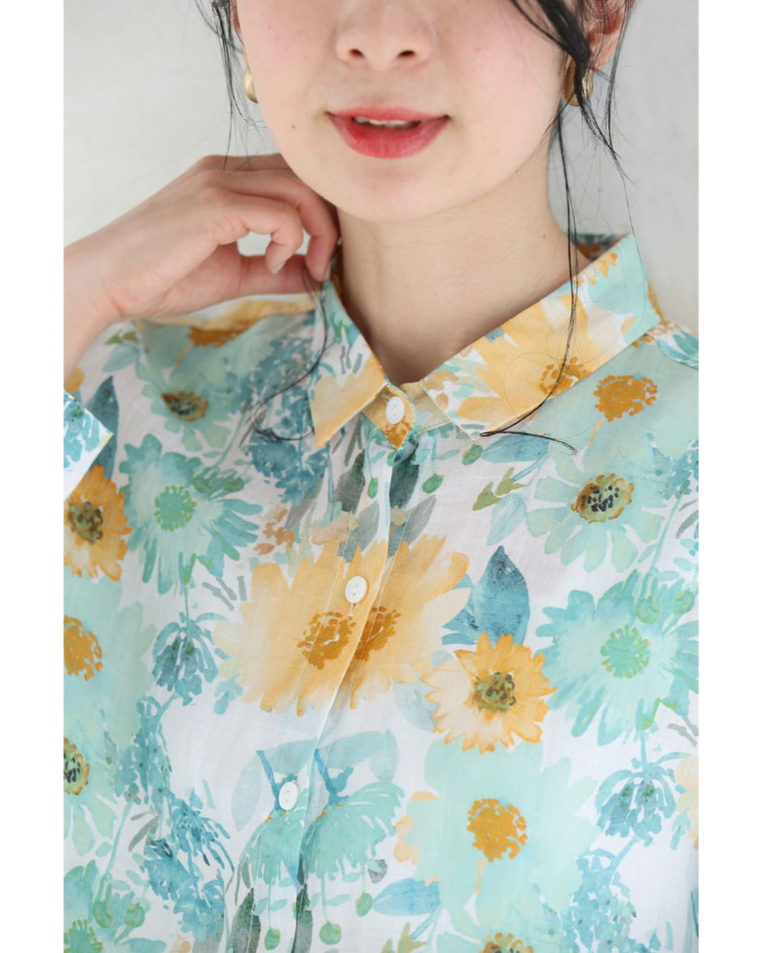 カワイイ CAWAII 涼しく柔らかな花の水彩画シャツトップス （グリーン） グリーン