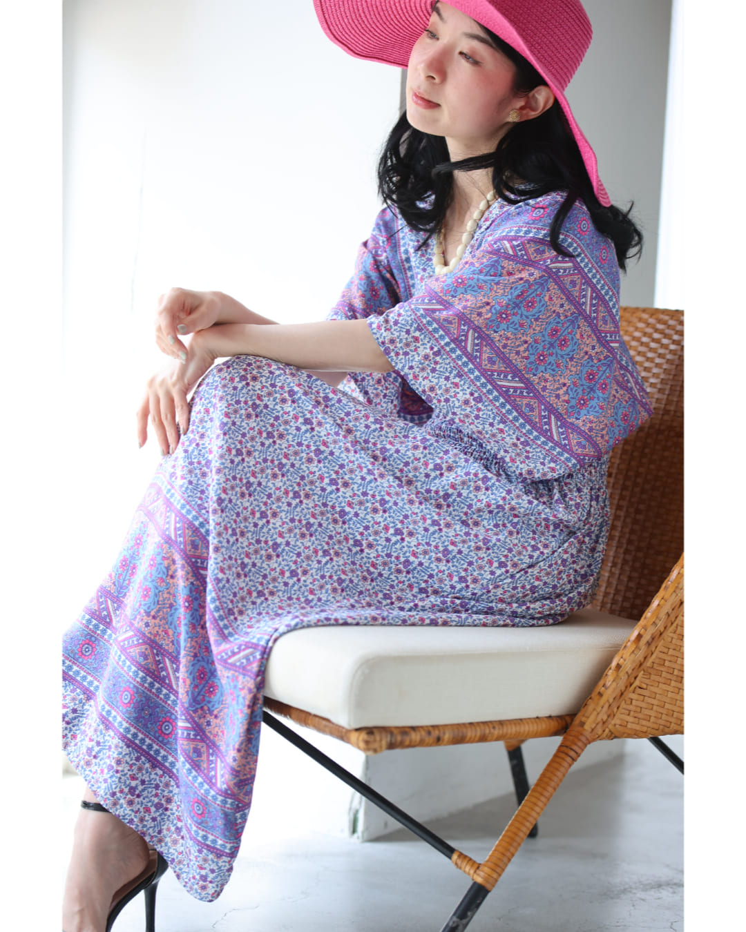 カワイイ CAWAII 可愛らしい小花柄のウエストシャーリングXラインロングワンピース （パープル） パープル