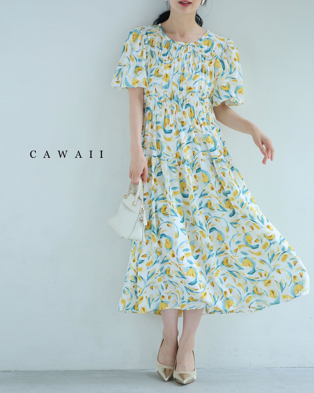 カワイイ CAWAII 陽気に包まれる黄色い花のバルーン袖ミディアムワンピース （イエロー） イエロー