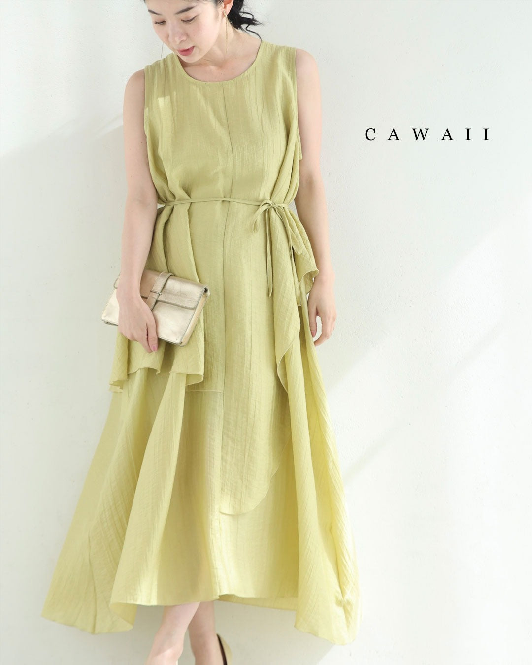 カワイイ CAWAII アシンメトリーに重なるフレアの涼やかミディアムワンピース（紐ベルト付き） （イエロー） イエロー