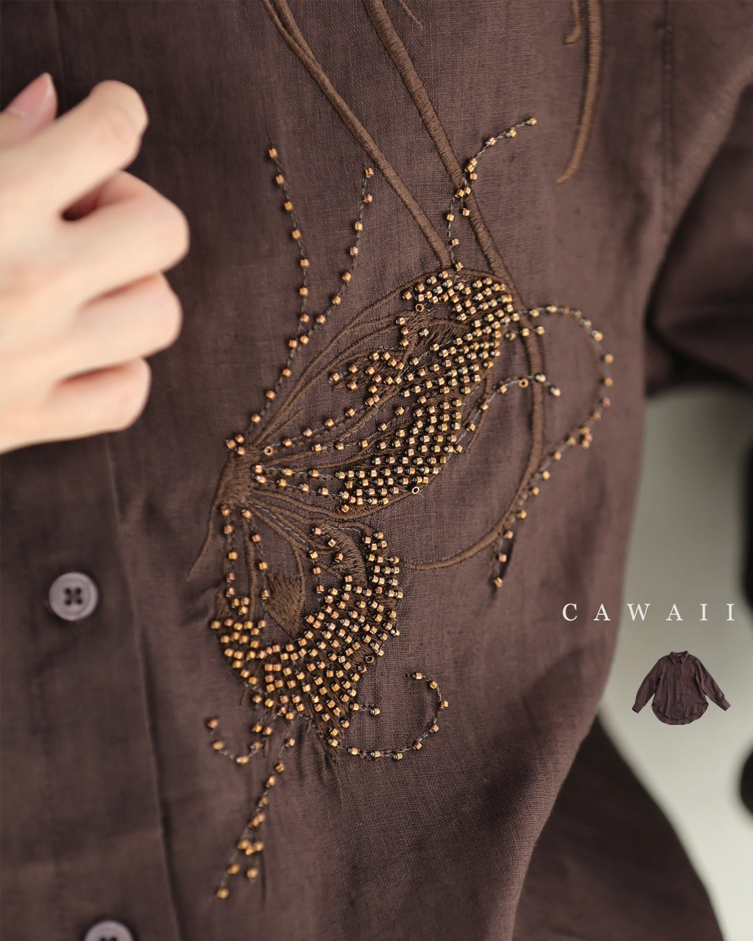 カワイイ CAWAII ビーズ煌めく蝶々刺繍シャツトップス （ブラウン） ブラウン