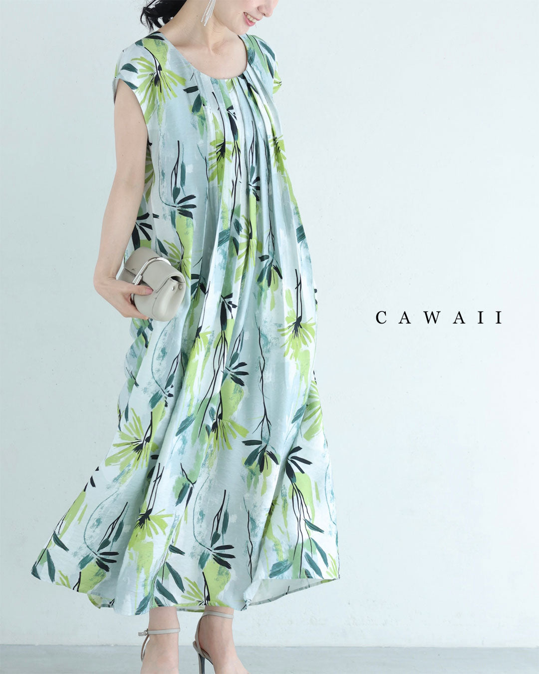 カワイイ CAWAII 涼しさ舞い込むグリーンアートロングワンピース（リボン付き） （グリーン） グリーン