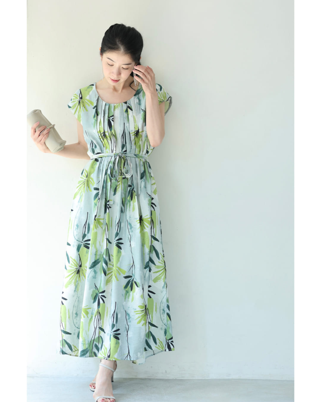 カワイイ CAWAII 涼しさ舞い込むグリーンアートロングワンピース（リボン付き） （グリーン） グリーン