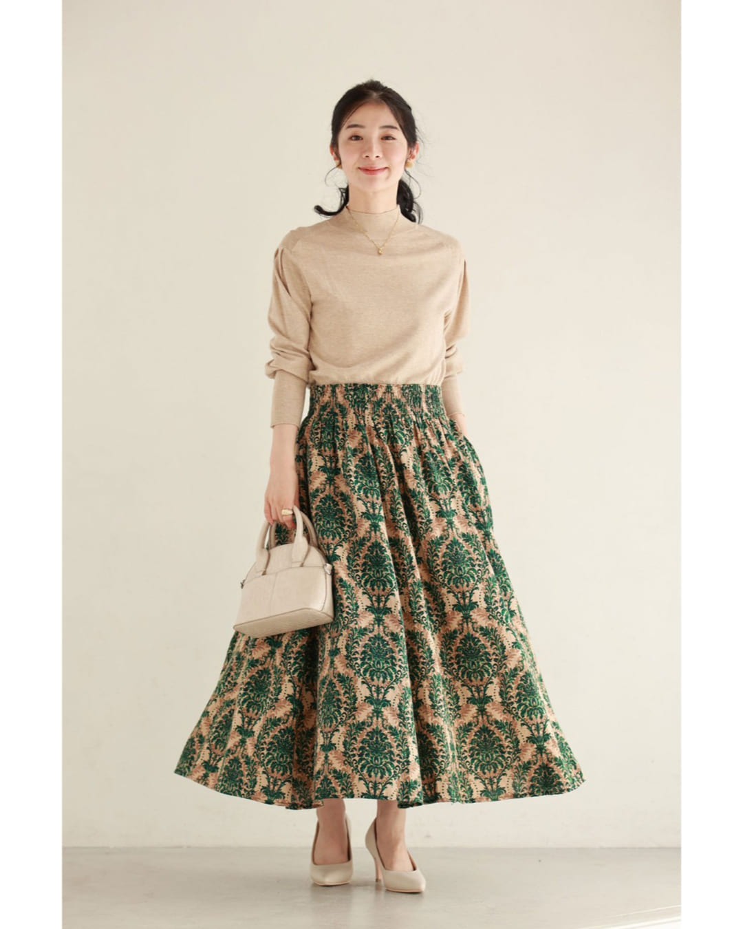 カワイイ CAWAII 華やぐグリーンダマスク柄ロングスカート （グリーン） グリーン