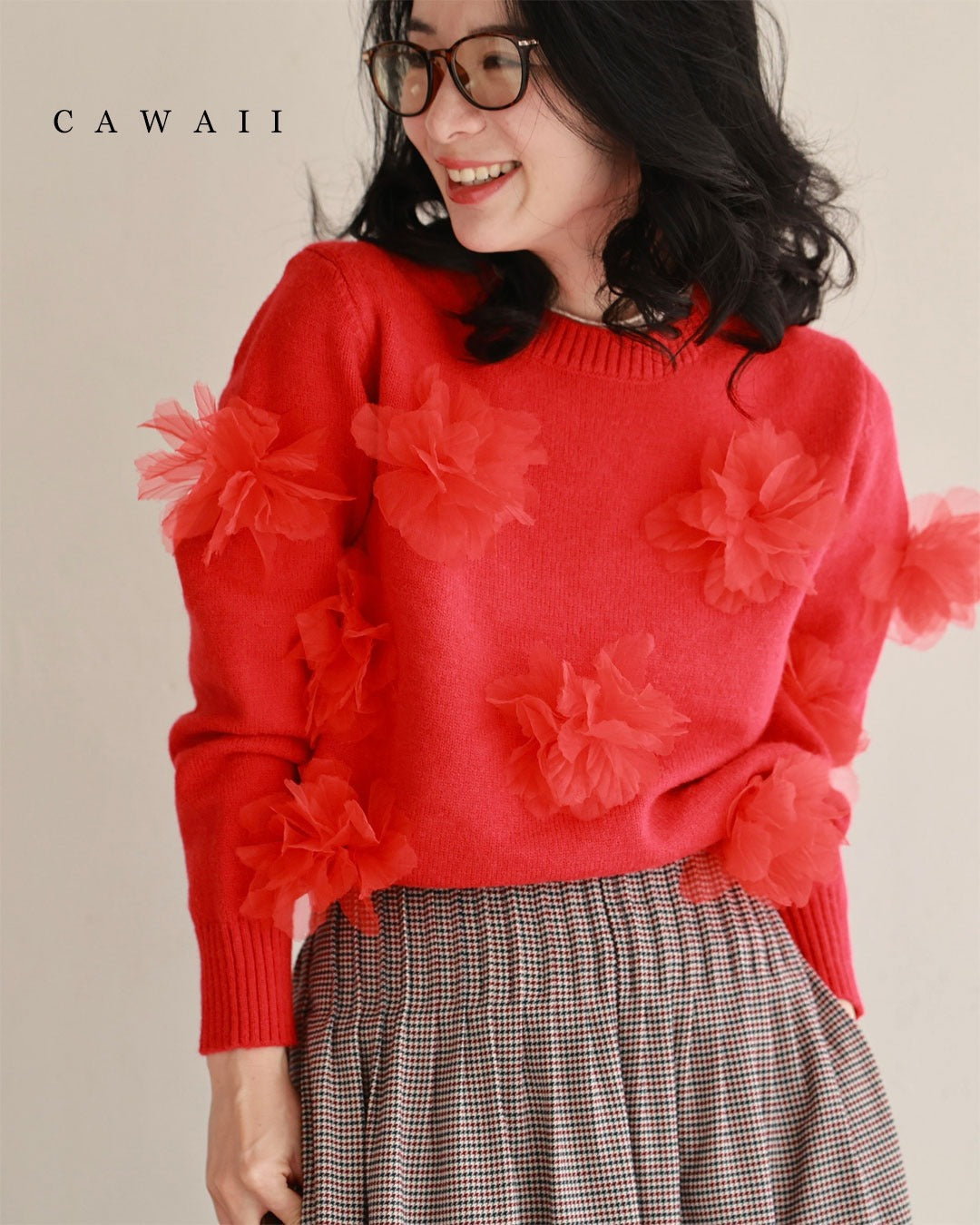 カワイイ CAWAII 私に花が咲く。赤い立体フラワーニットプルオーバートップス （レッド） レッド