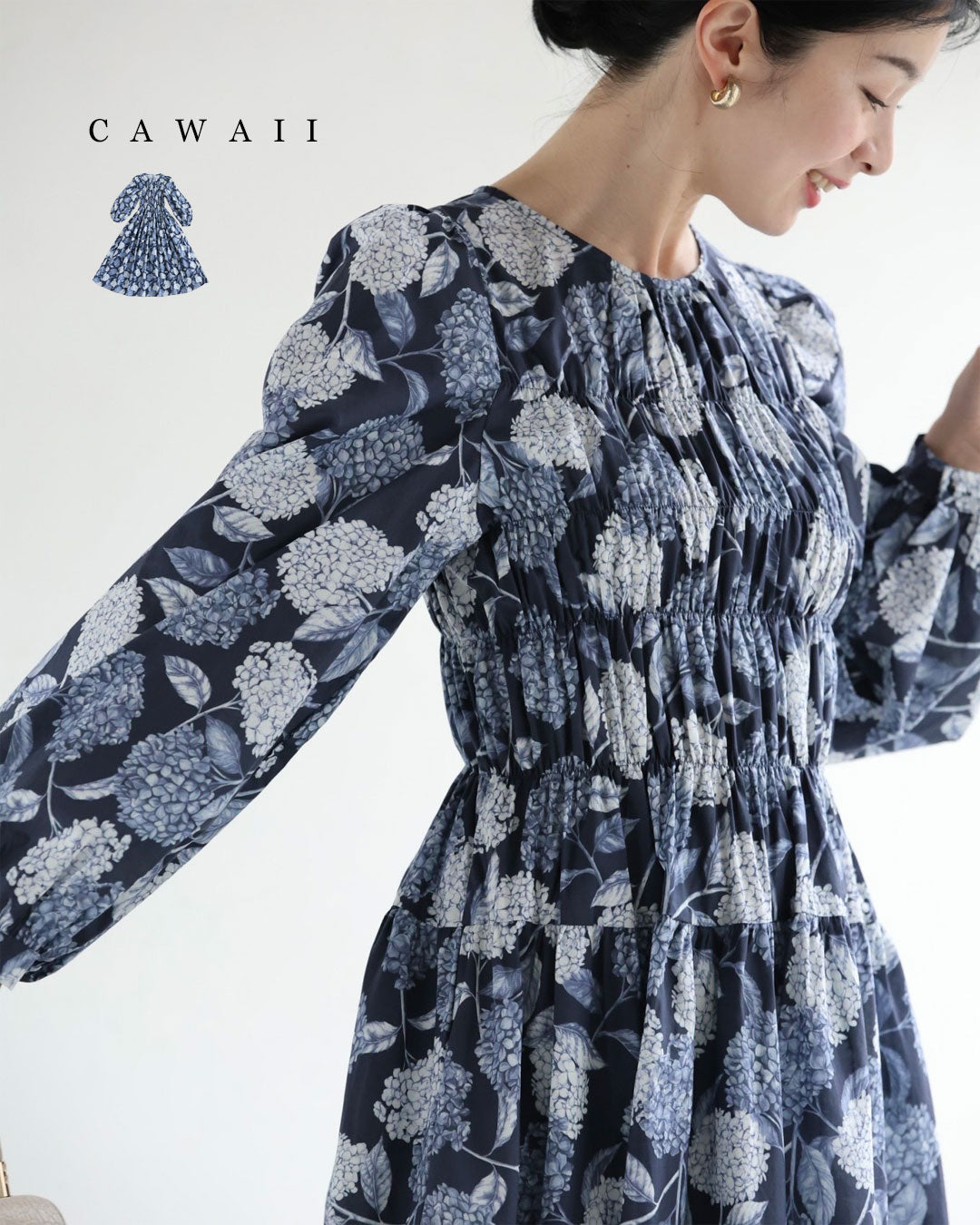カワイイ CAWAII 胸元シャーリングの紫陽花柄ロングワンピース （ブルー） ブルー