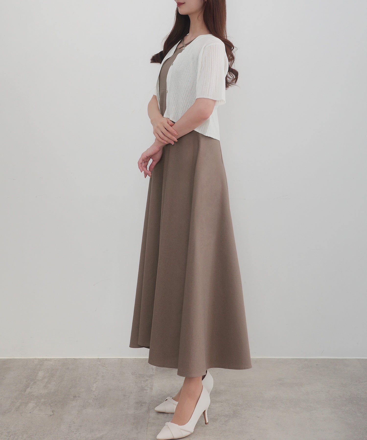 セネア CENEA CENEA シアー半袖リブカーディガン＋リネンフレアキャミワンピース set【一部ペチスカートSET】 （グレージュ） グレージュ
