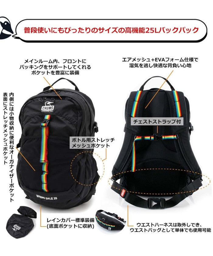 チャムス CHUMS チャムス CHUMS アウトドア スプリングデール25リットル メンズ レディース デイパック リュック 25L バッグ フェス 登山 ハイキン （K042 BLK/RAINBOW） K042 BLK/RAINBOW