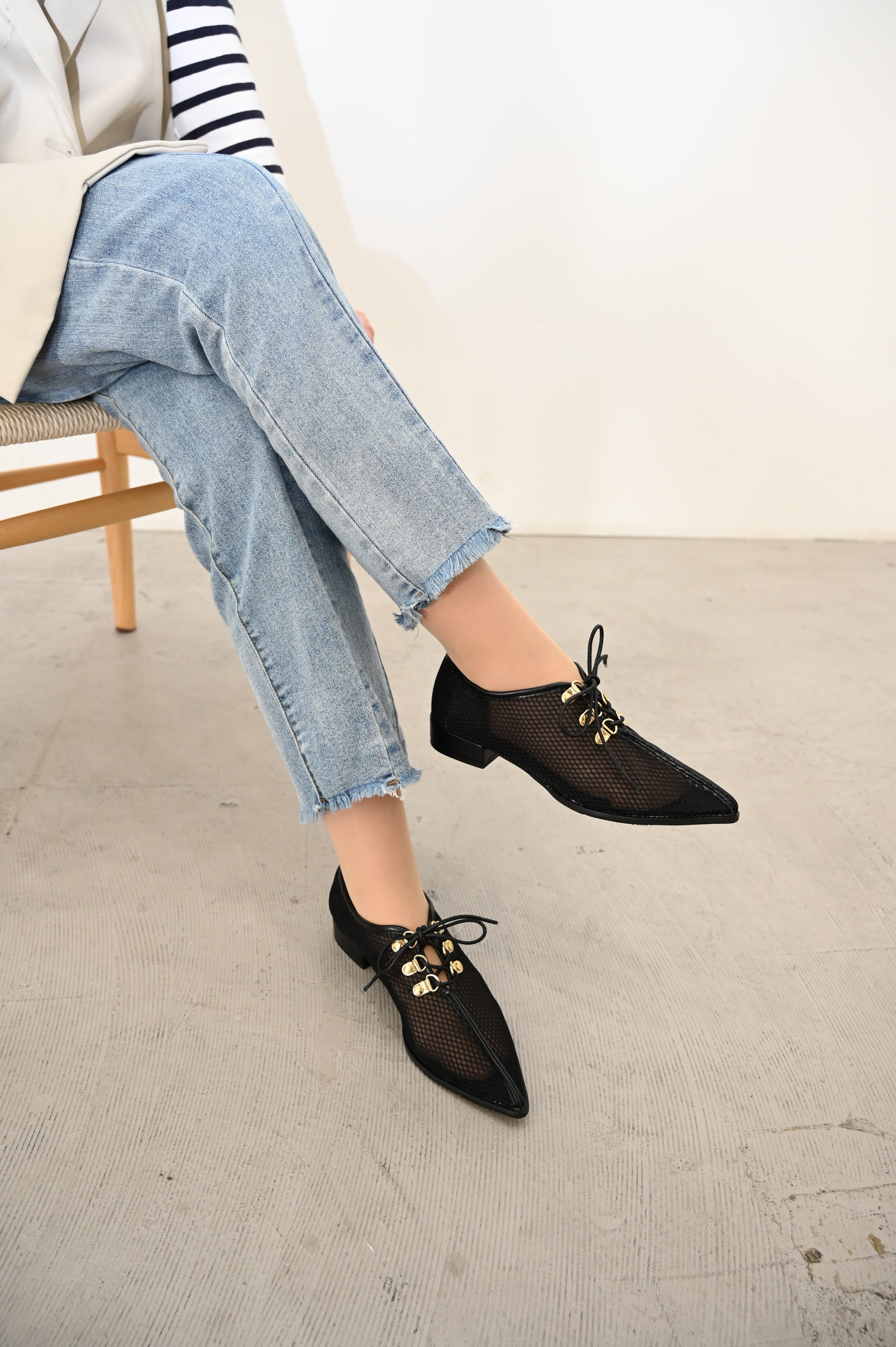 シックス CHICS チュールメッシュ素材レースアップローヒールシューズ
