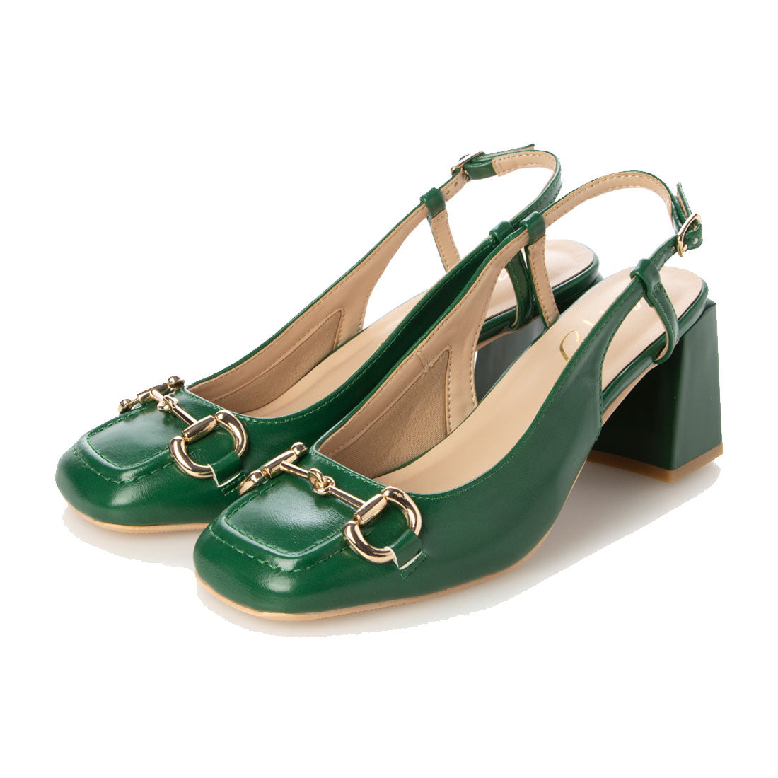 シックス CHICS ビットデザインミッドヒールスリングバックパンプス,GRN