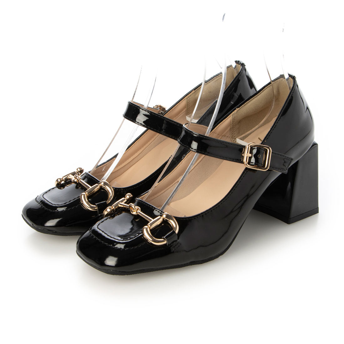 シックス CHICS ビットデザインミッドヒールパンプス,BLK/E