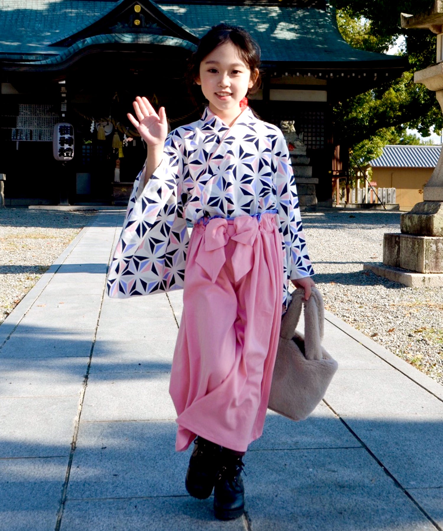 チルツー chil2 女児袴上下セット,麻の葉桃色
