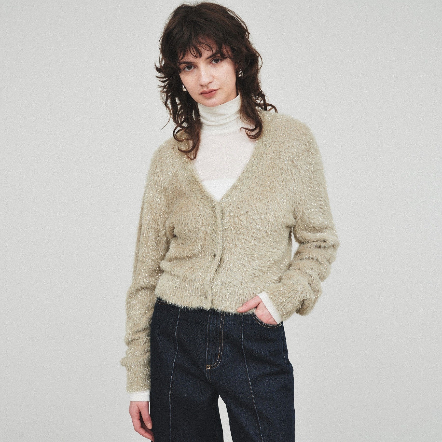 クロエンス cloenc ラメフェザー ニットカーデガン （オリーブグリーン(026)） オリーブグリーン(026)