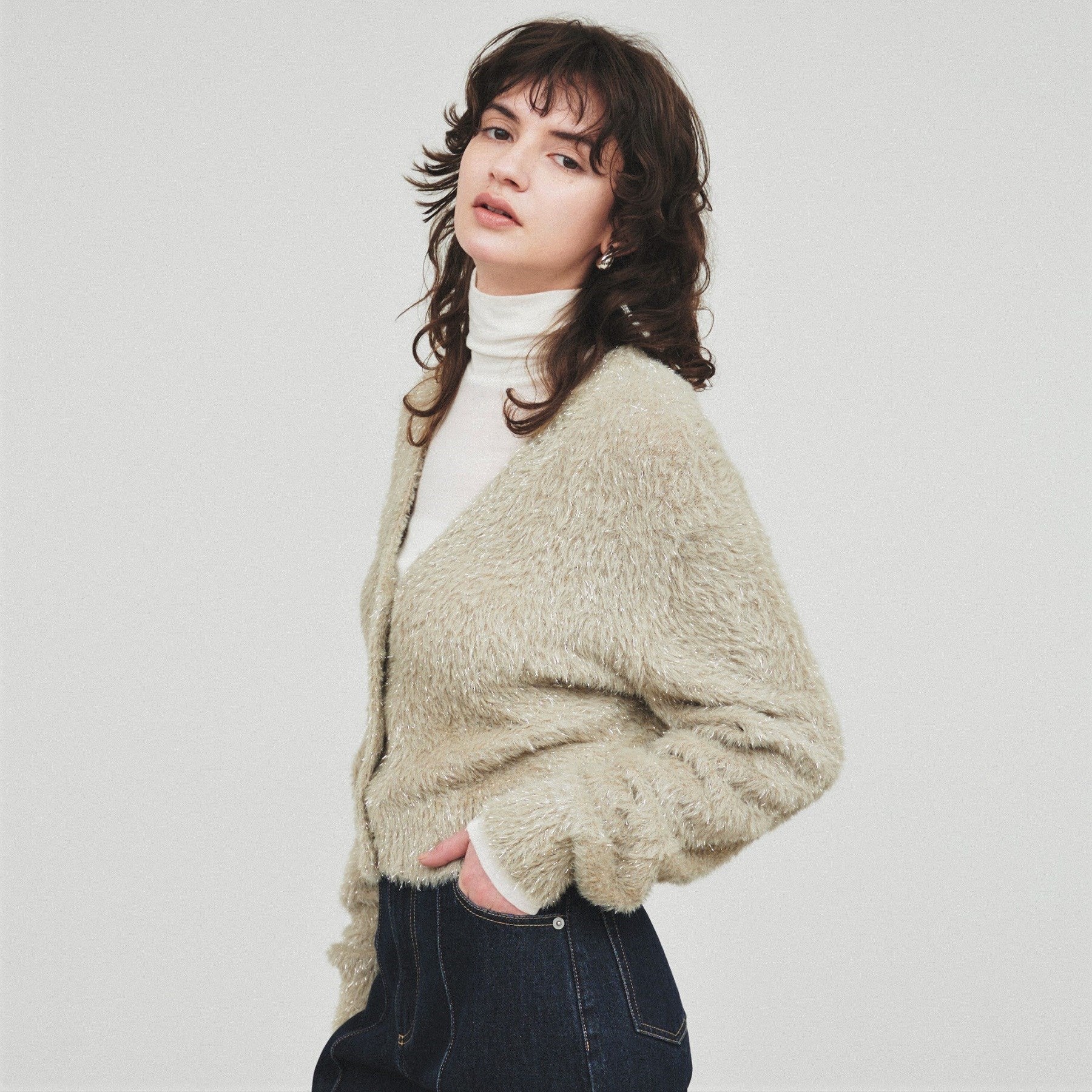 クロエンス cloenc ラメフェザー ニットカーデガン （オリーブグリーン(026)） オリーブグリーン(026)