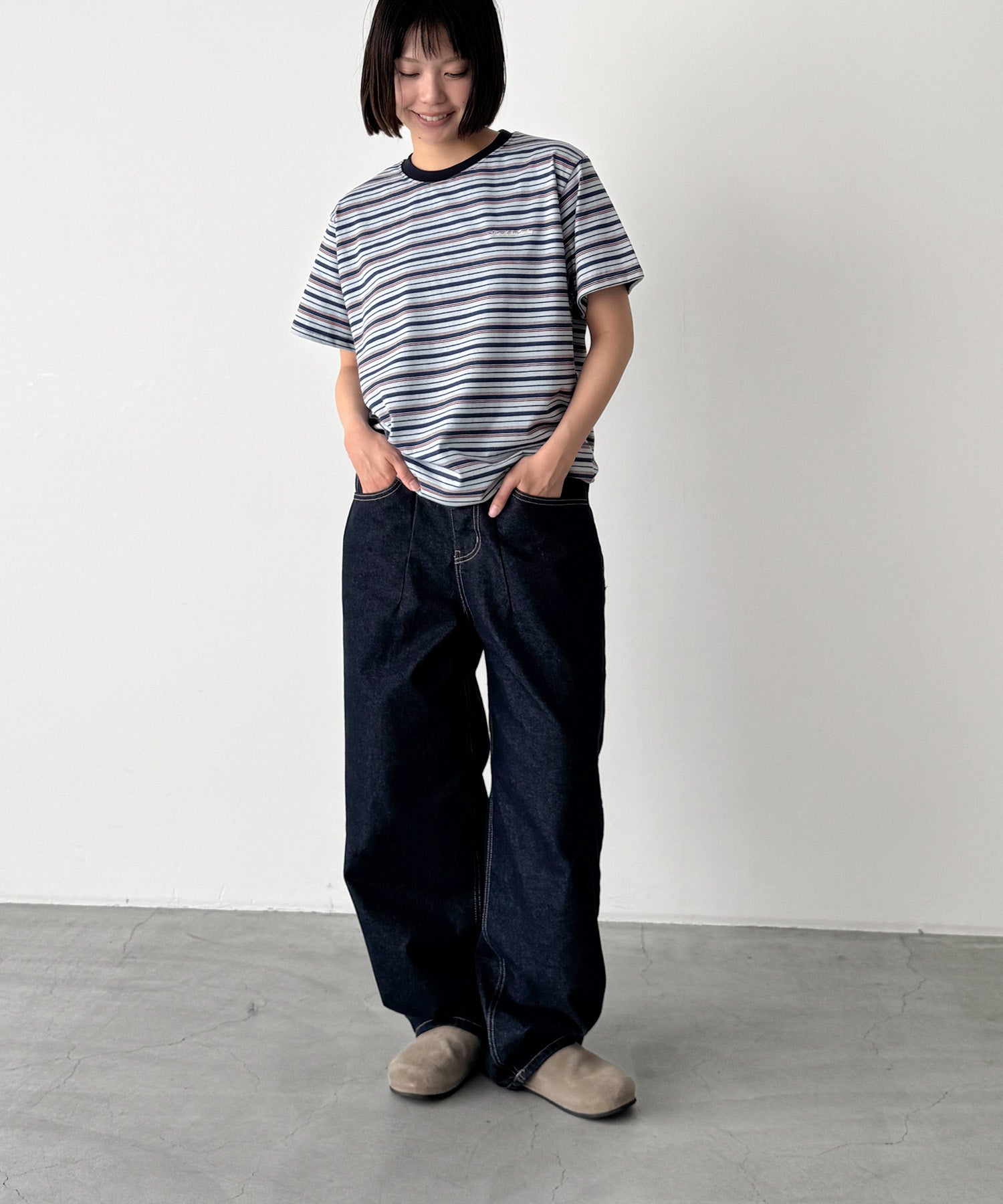 キャナルジーン CANAL JEAN Lakey Park 胸刺繍マルチボーダーTシャツ （ヘザーグレー） ヘザーグレー