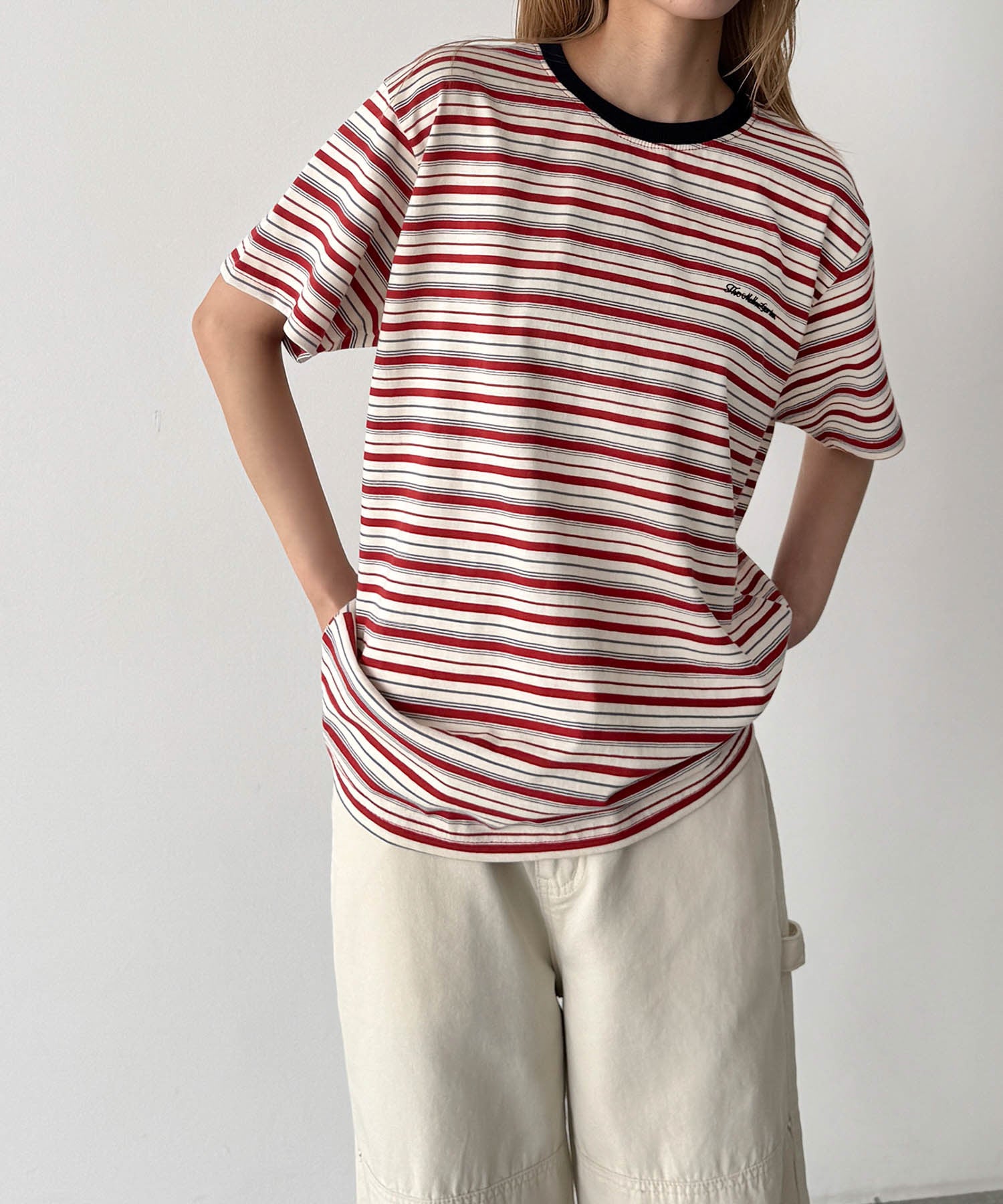 キャナルジーン CANAL JEAN Lakey Park 胸刺繍マルチボーダーTシャツ （レッド） レッド