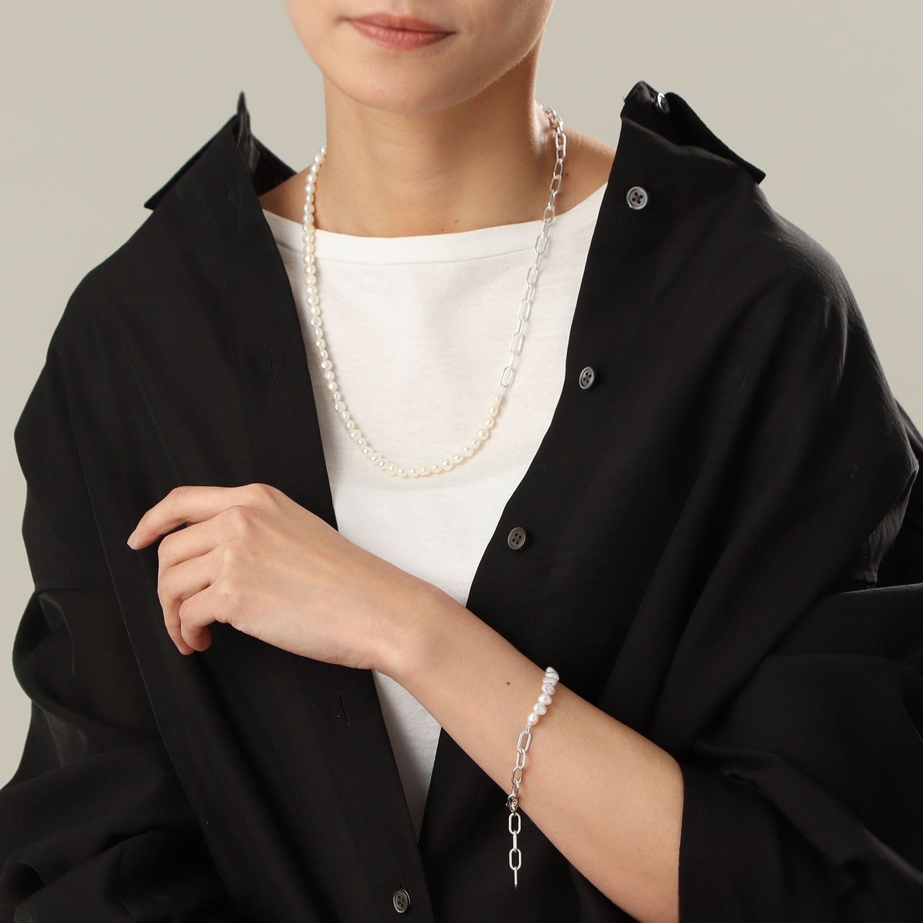 COCOSHNIK ONKITSCH COCOSHNIK ONKITSCH silver Baroque Pearl 2Way Chain Mix Necklace