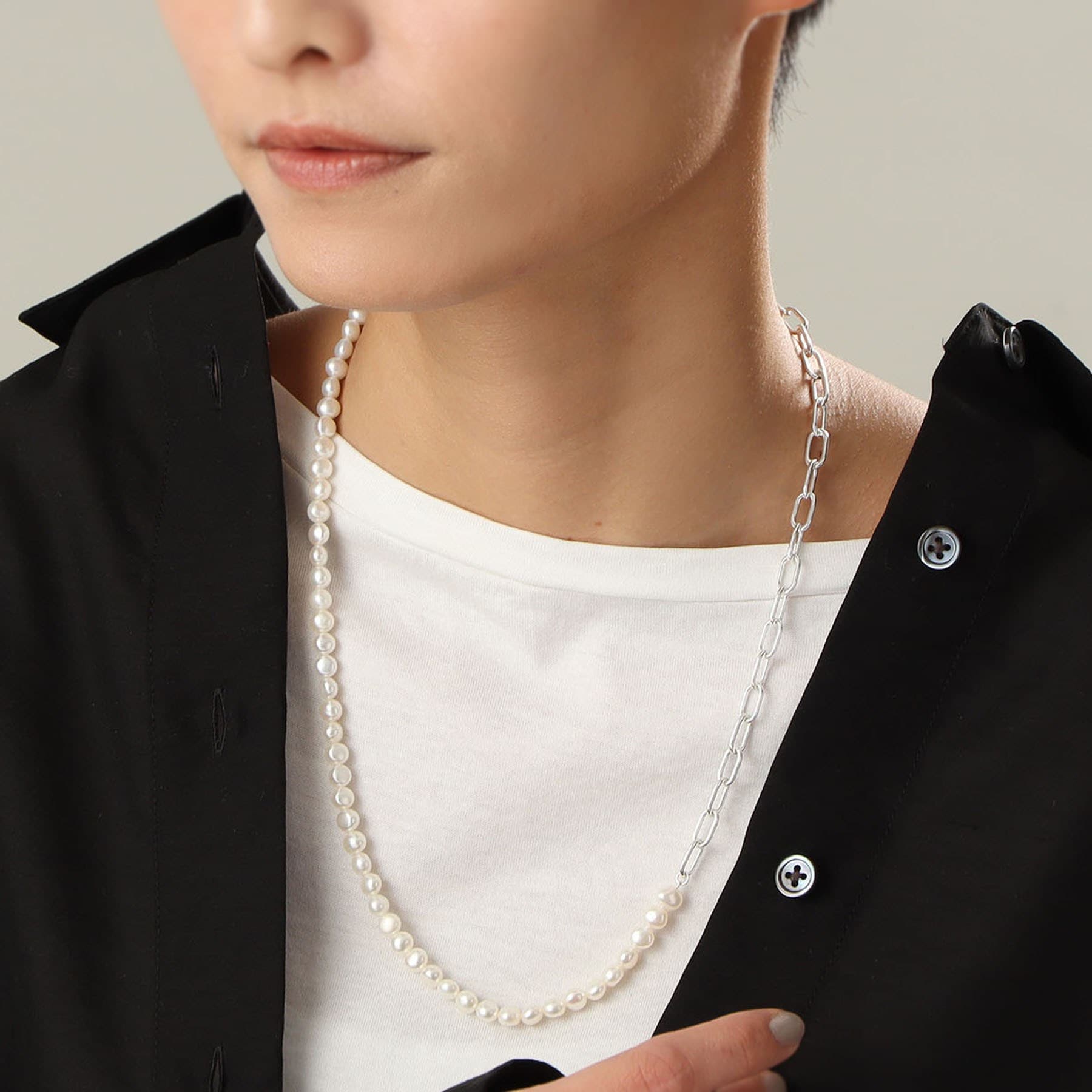 COCOSHNIK ONKITSCH COCOSHNIK ONKITSCH silver Baroque Pearl 2Way Chain Mix Necklace