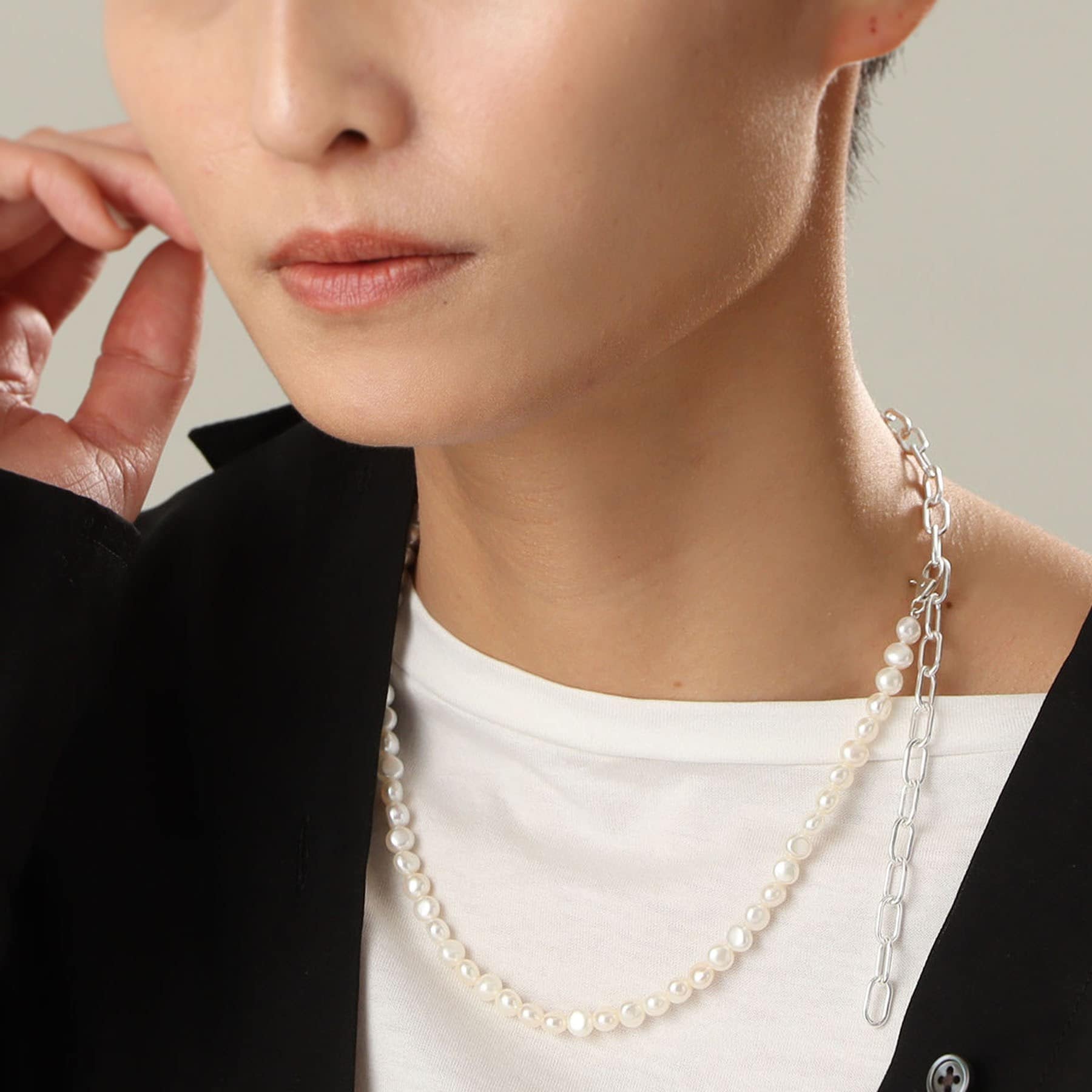 COCOSHNIK ONKITSCH COCOSHNIK ONKITSCH silver Baroque Pearl 2Way Chain Mix Necklace