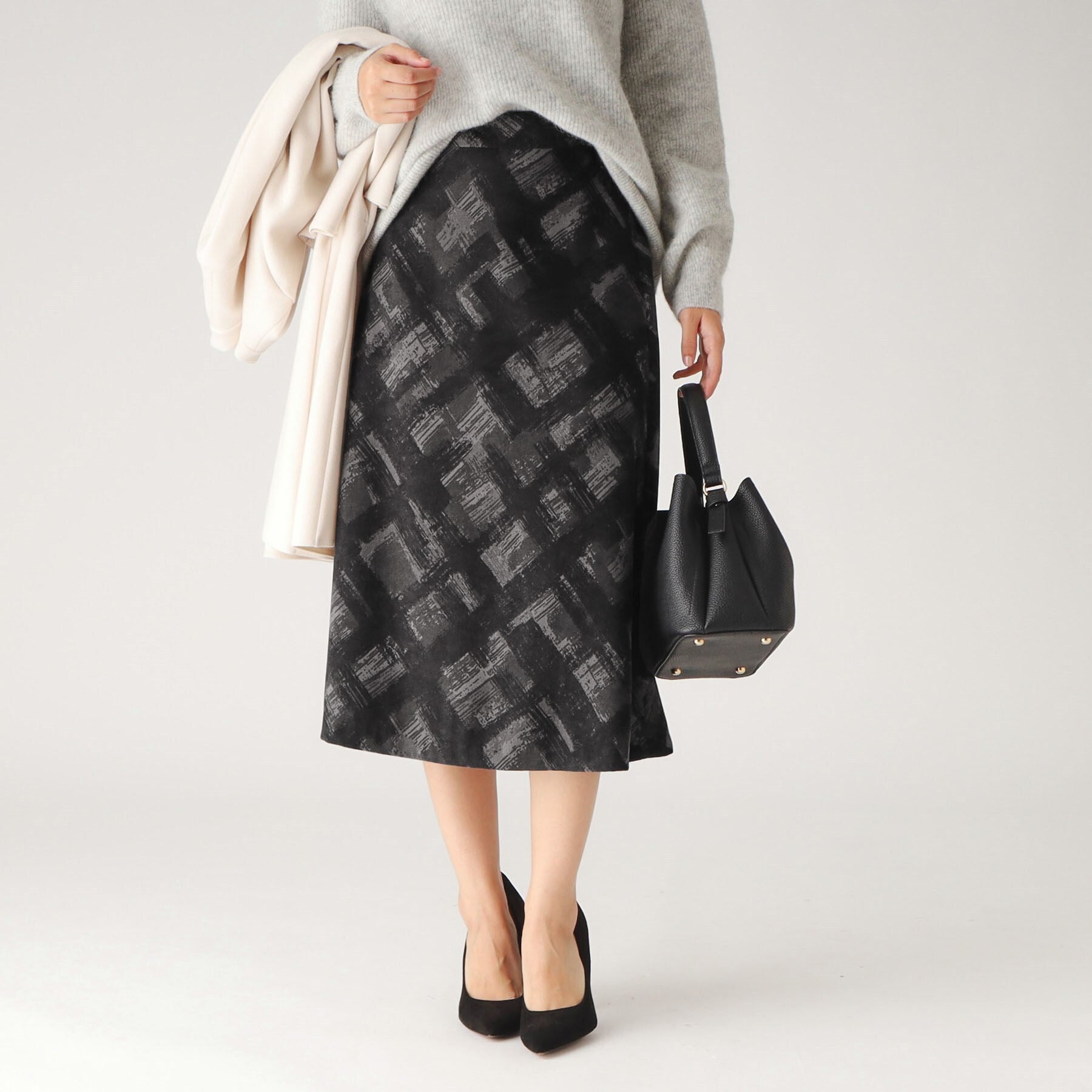 COUP DE CHANCE COUP DE CHANCE 【Made in Japan / Washable / With Elastic Waist】 Versatile On and Off Wear ◎ Shadow Check Pattern Skirt