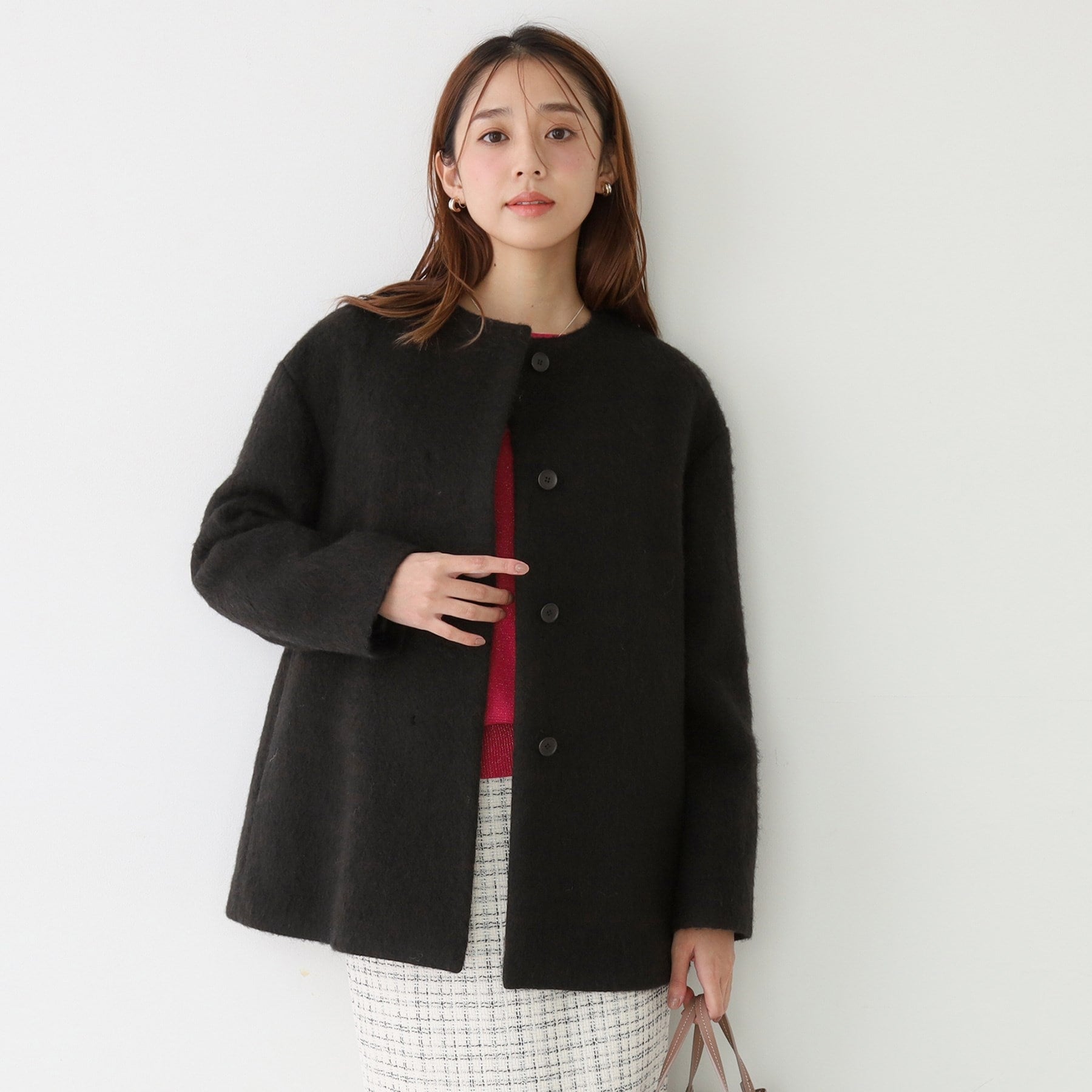 クードシャンス COUP DE CHANCE 【日本製／モヘヤ混／ヒップ丈】ノーカラーコート （ブラック(019)） ブラック(019)