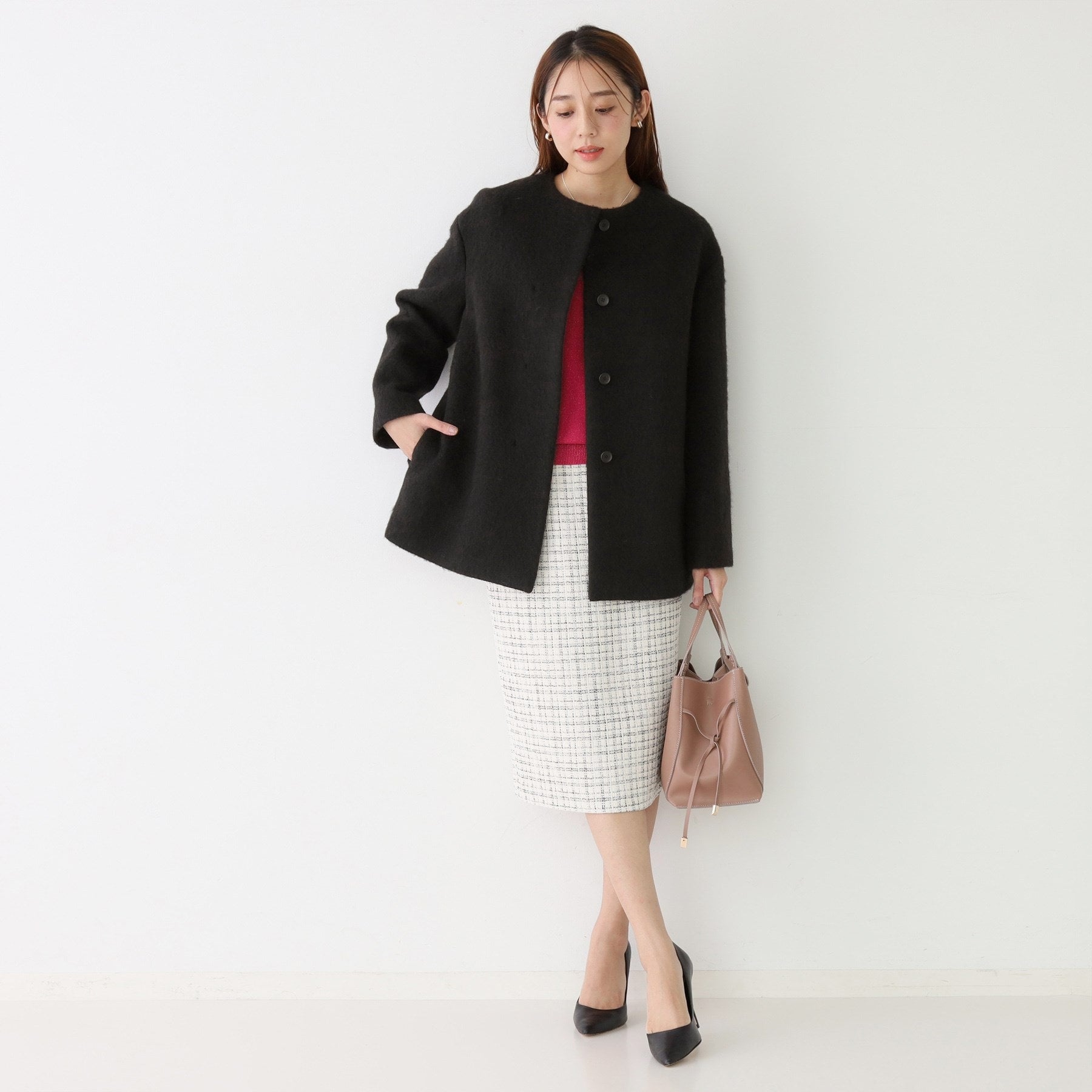 クードシャンス COUP DE CHANCE 【日本製／モヘヤ混／ヒップ丈】ノーカラーコート （ブラック(019)） ブラック(019)