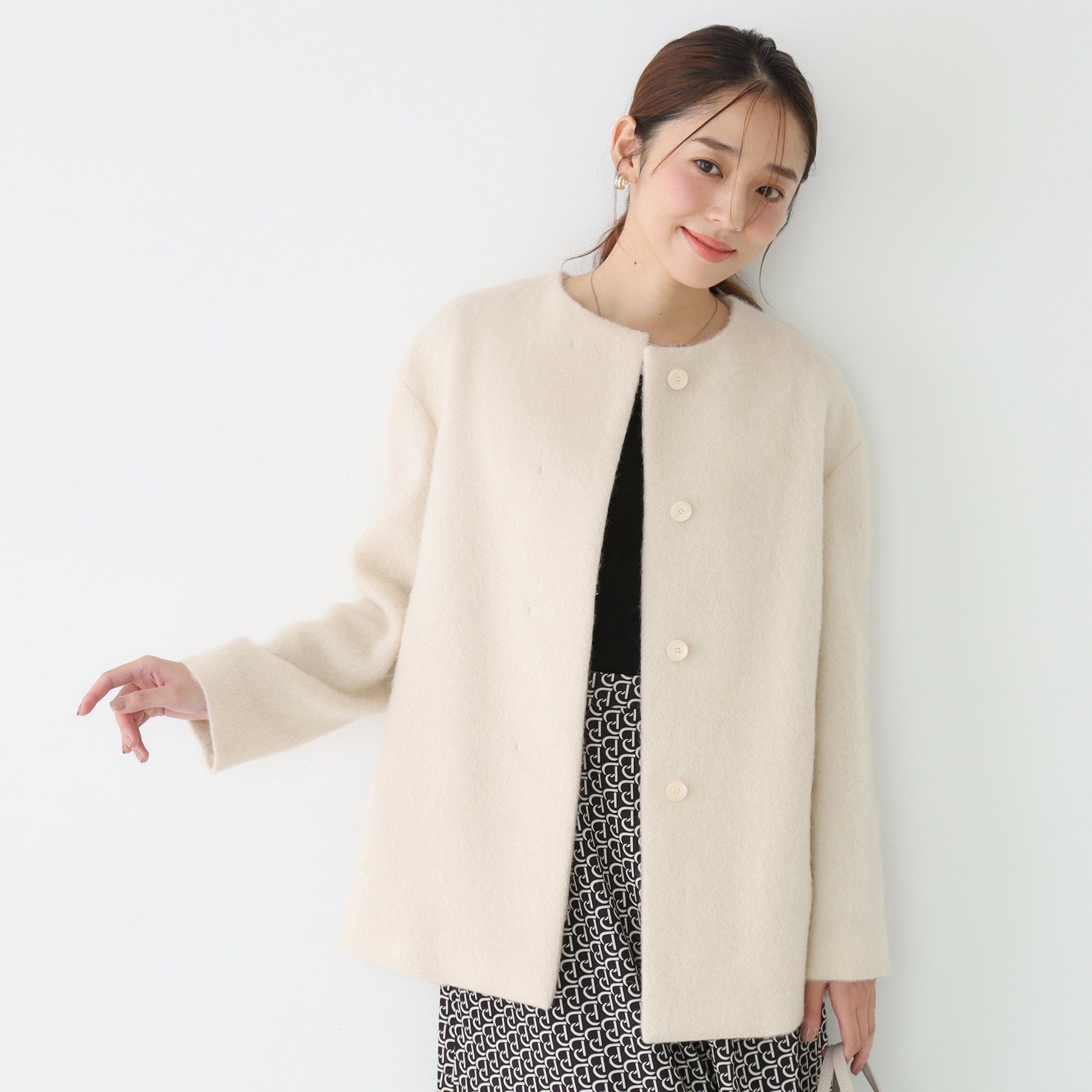 クードシャンス COUP DE CHANCE 【日本製／モヘヤ混／ヒップ丈】ノーカラーコート （ブラック(019)） ブラック(019)