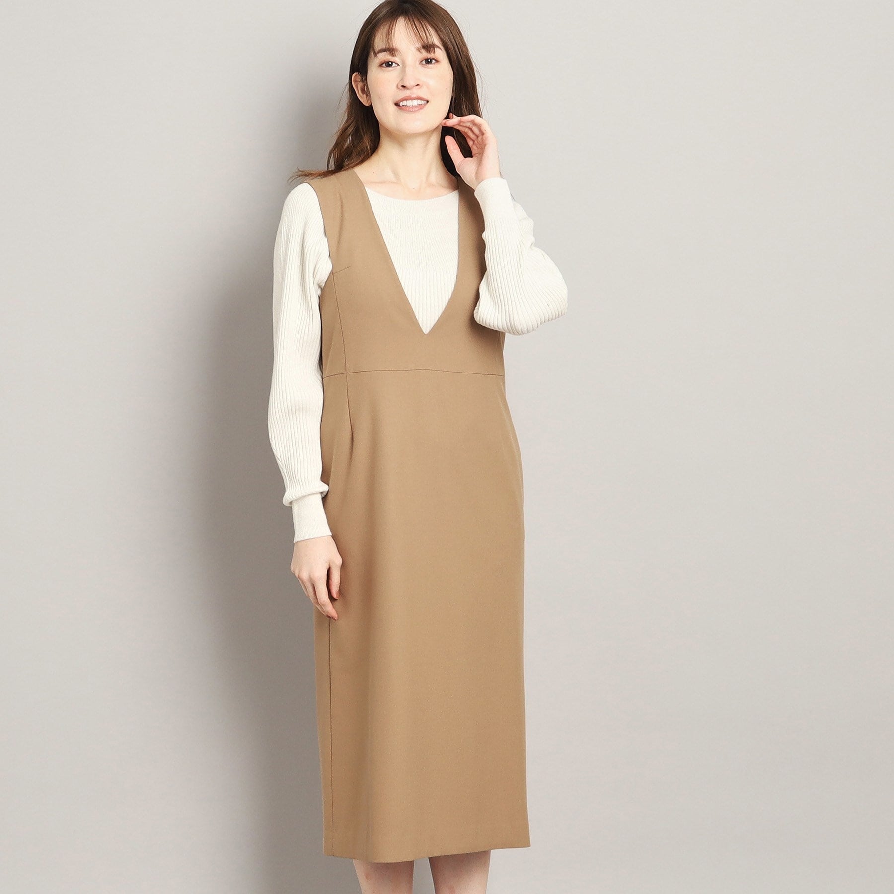 クードシャンス COUP DE CHANCE 【洗える】大人フェミニンを叶える、 深Vネックのジャンパースカート （キャメルブラウン(041)） キャメルブラウン(041)
