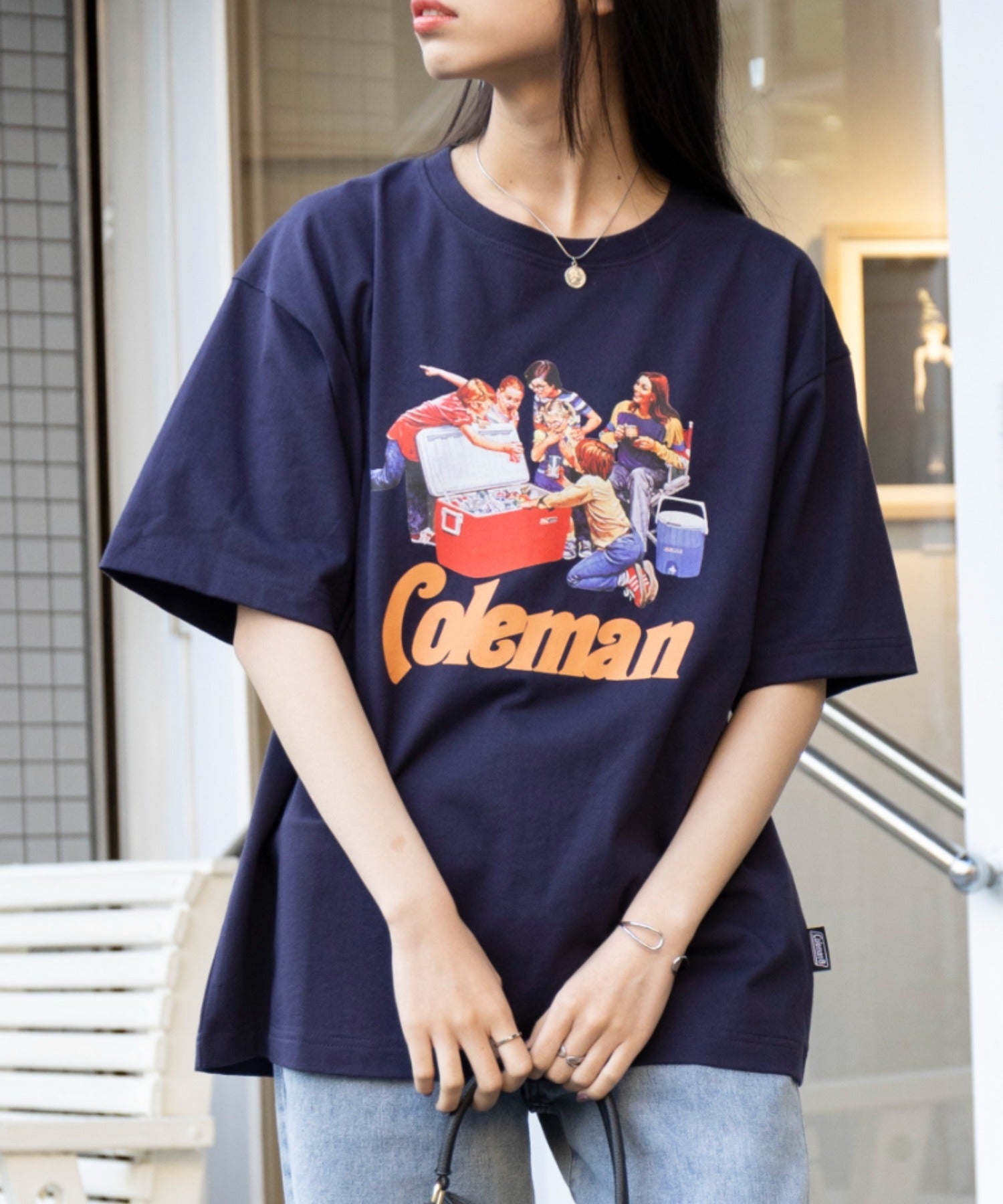 ◎SETUP7別注商品◎【Coleman】コールマン / プリントT Tシャツ ユニセックス 半袖 クルーネック レトロ グラフィック ネイビー