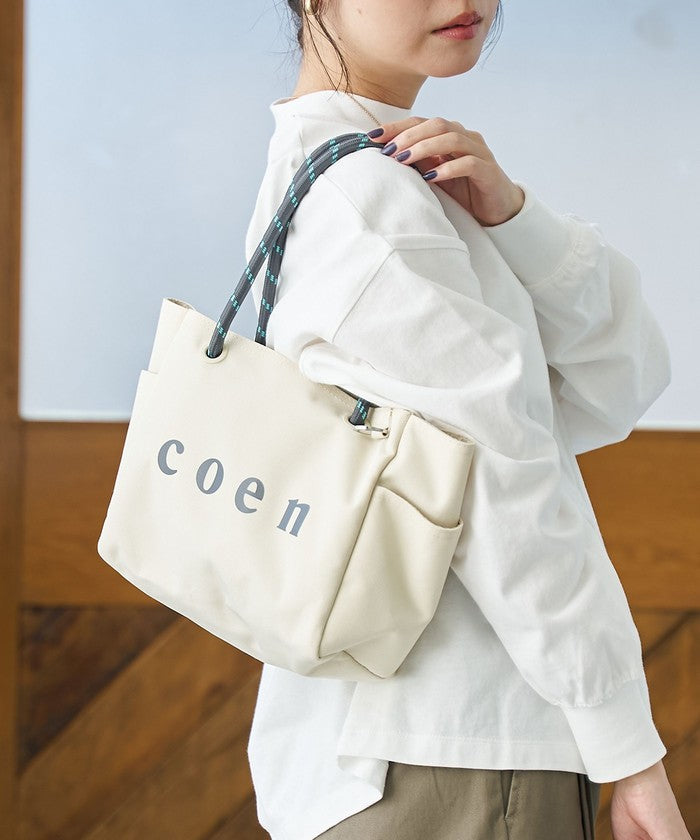 【一部WEBカラー・追加】coen（コーエン） ロゴ ポリキャンバストートバッグ（Mサイズ） MD.GRAY