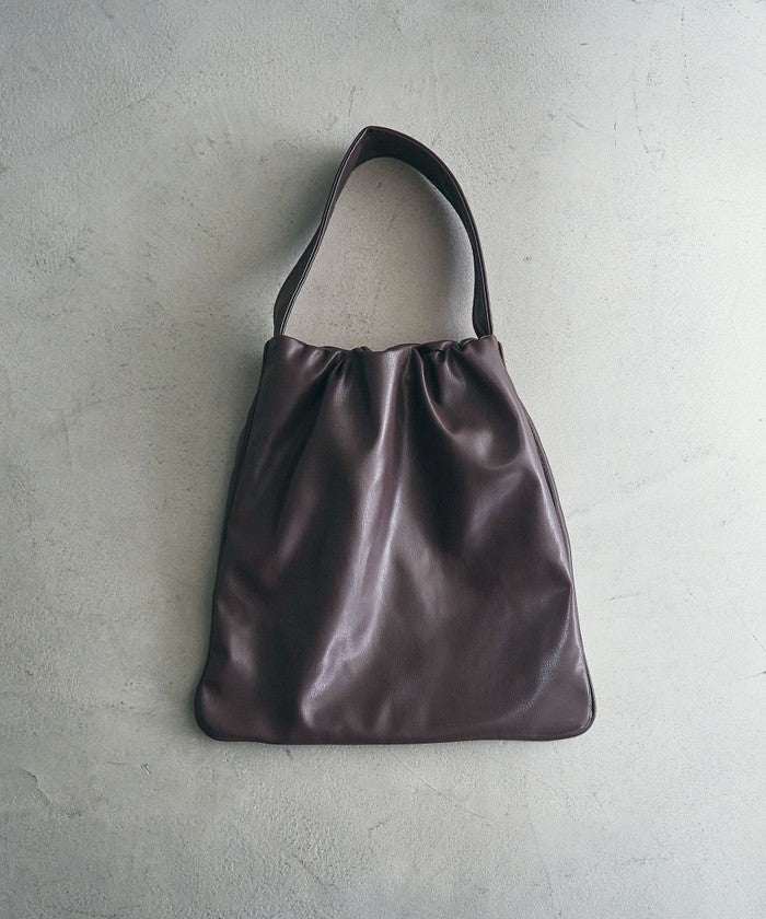 レザーライク ギャザーワンショルダートートバッグ MD.BROWN