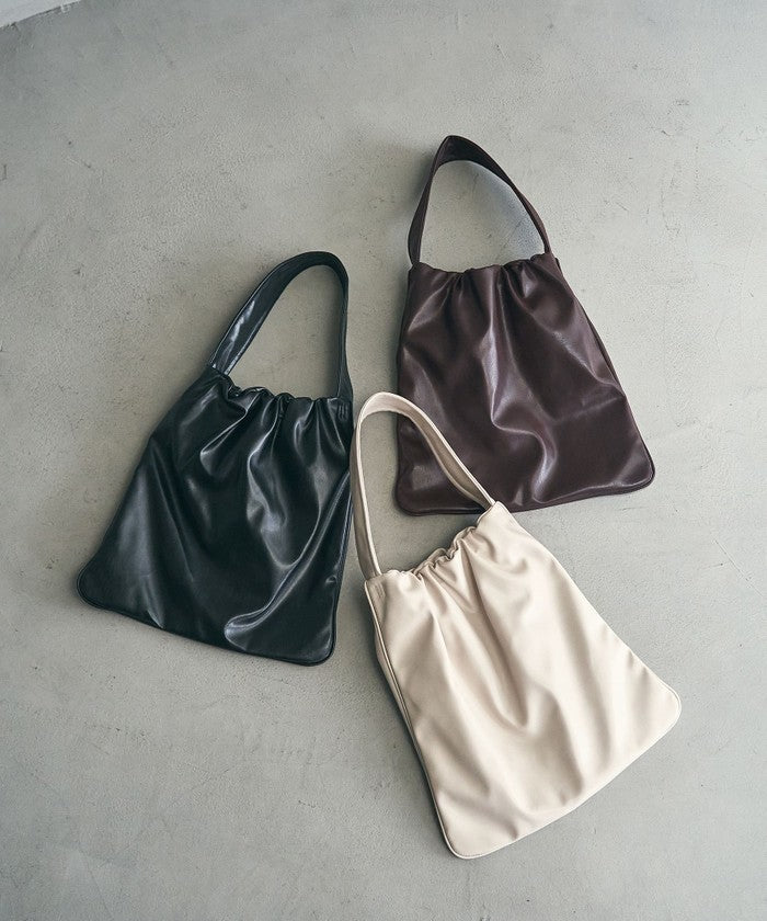 レザーライク ギャザーワンショルダートートバッグ MD.BROWN