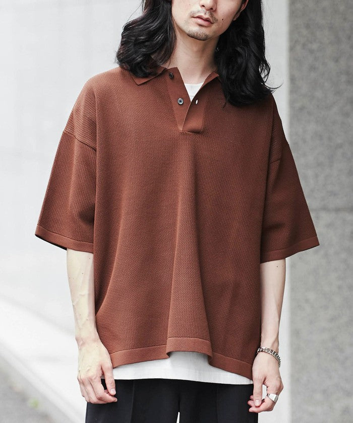 オーバーサイズメッシュニットポロシャツ,DK.BROWN
