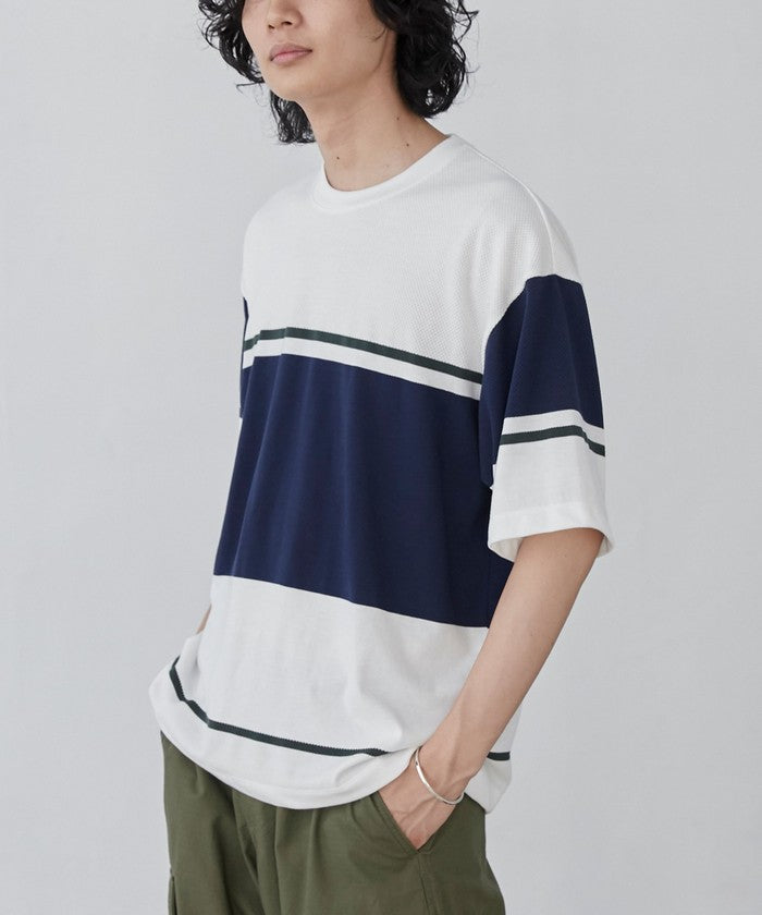ジャガードメッシュ切替えTシャツ,WHITE