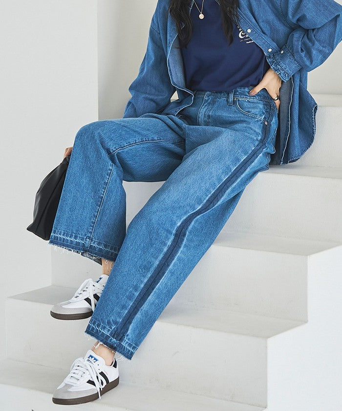【スタイルアップ叶う】サイドラインカットオフバギーデニムパンツ COBALT