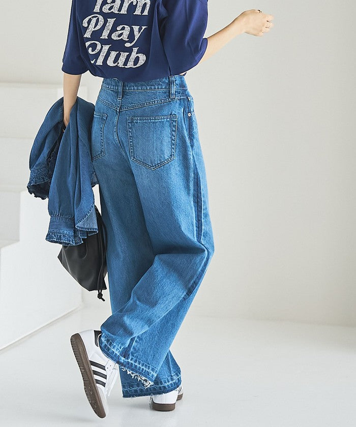 【スタイルアップ叶う】サイドラインカットオフバギーデニムパンツ COBALT