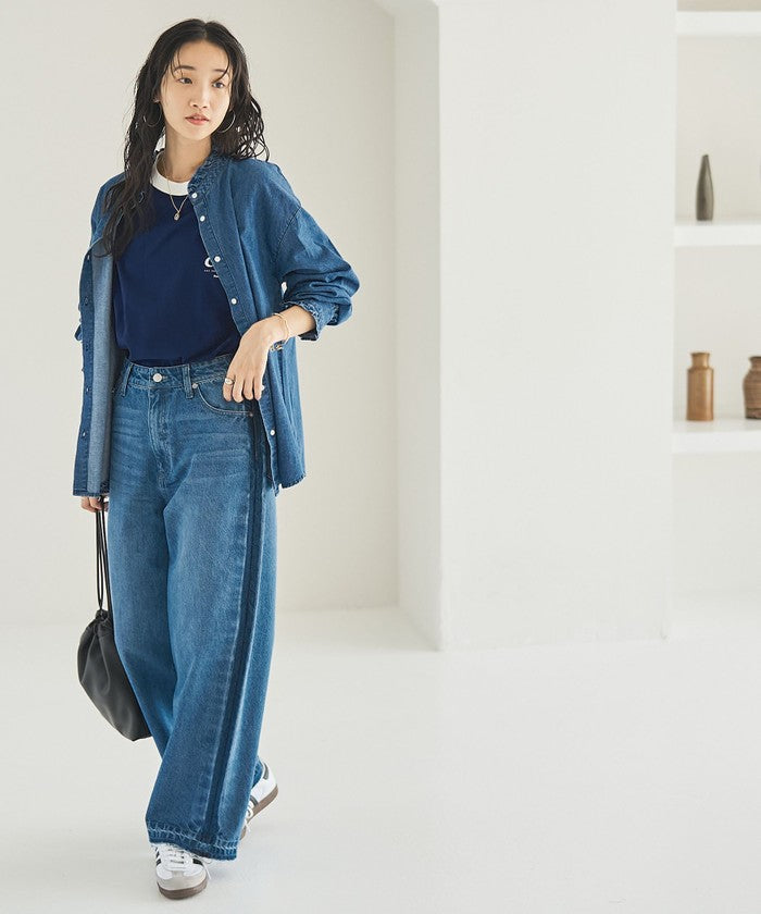 【スタイルアップ叶う】サイドラインカットオフバギーデニムパンツ COBALT