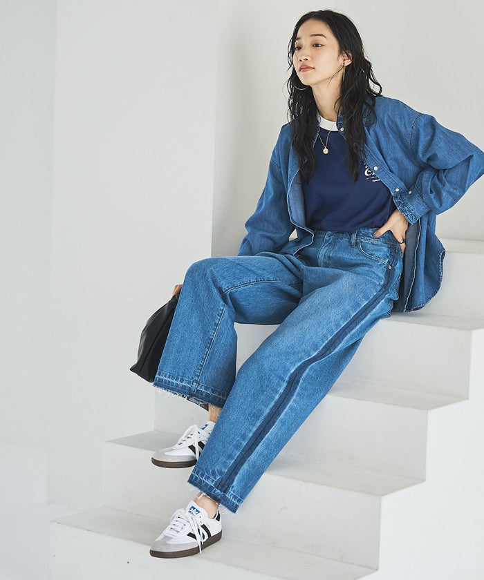 【スタイルアップ叶う】サイドラインカットオフバギーデニムパンツ COBALT