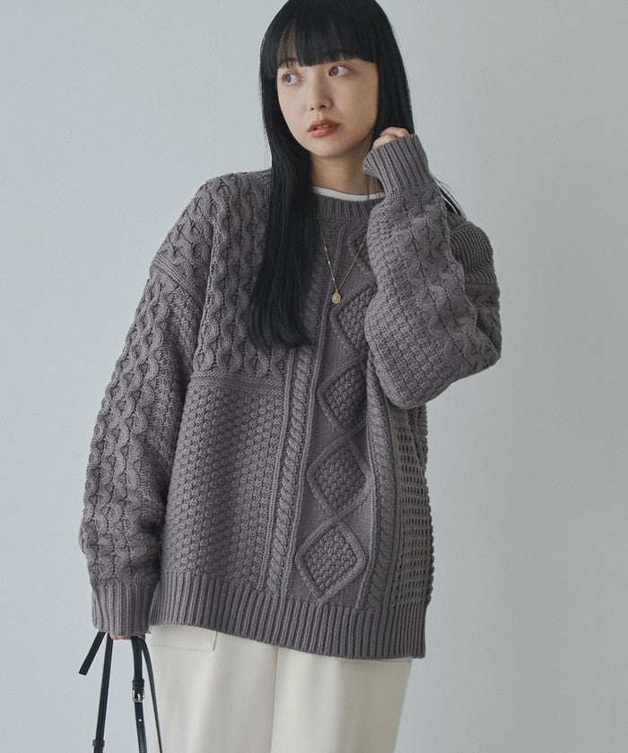 パッチワーククルーネックニット,MD.GRAY