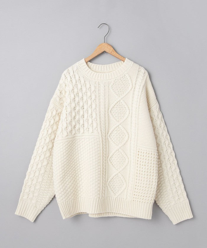 パッチワーククルーネックニット,OFF WHITE