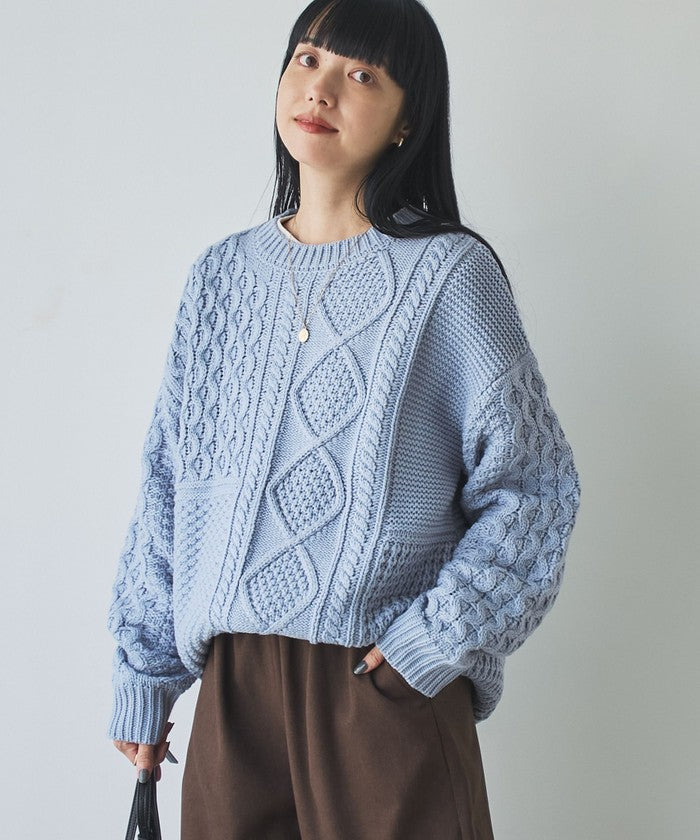 パッチワーククルーネックニット,LT.BLUE