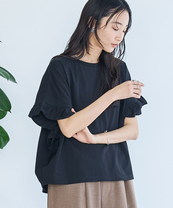 エマール検証済み【UVカット・接触冷感】WELLTECT USAコットン フリルスリーブプルオーバー BLACK