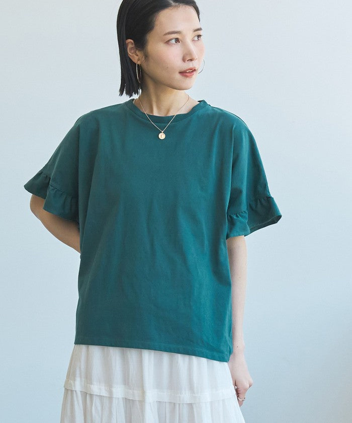 エマール検証済み【UVカット・接触冷感】WELLTECT USAコットン フリルスリーブプルオーバー BLACK