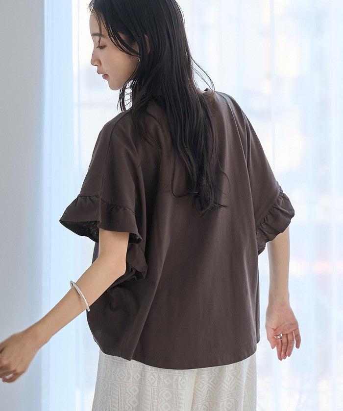 エマール検証済み【UVカット・接触冷感】WELLTECT USAコットン フリルスリーブプルオーバー DK.BROWN