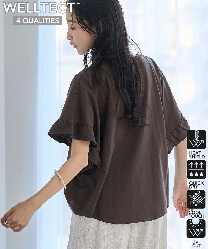 【UVカット・接触冷感】WELLTECT USAコットン フリルスリーブプルオーバー DK.BROWN