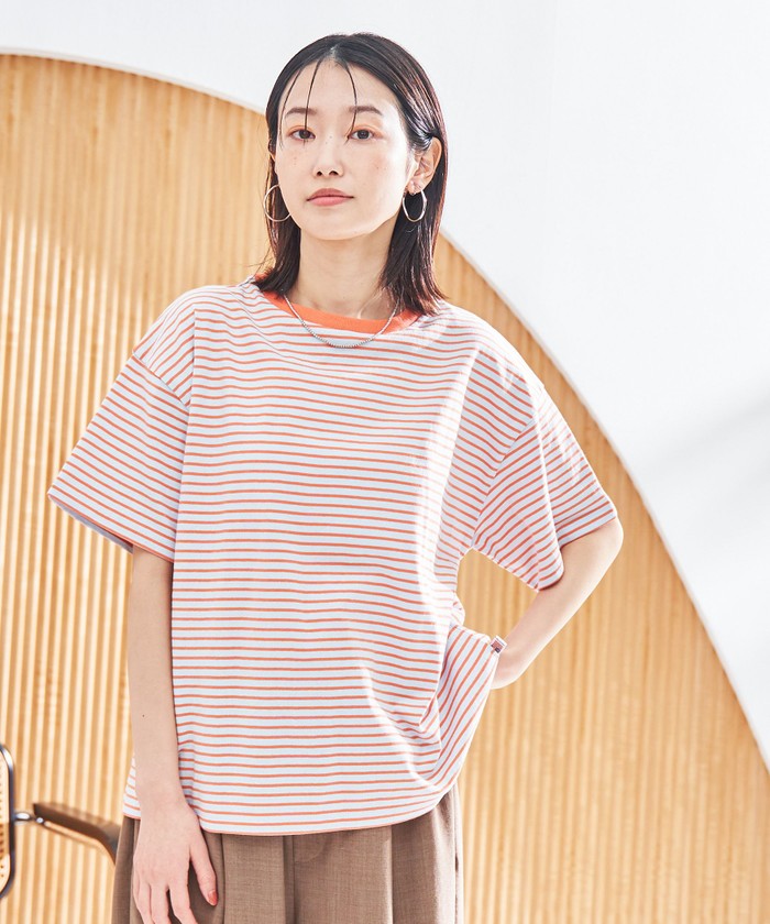 コットンレトロボーダー半袖シャツ LT.PINK